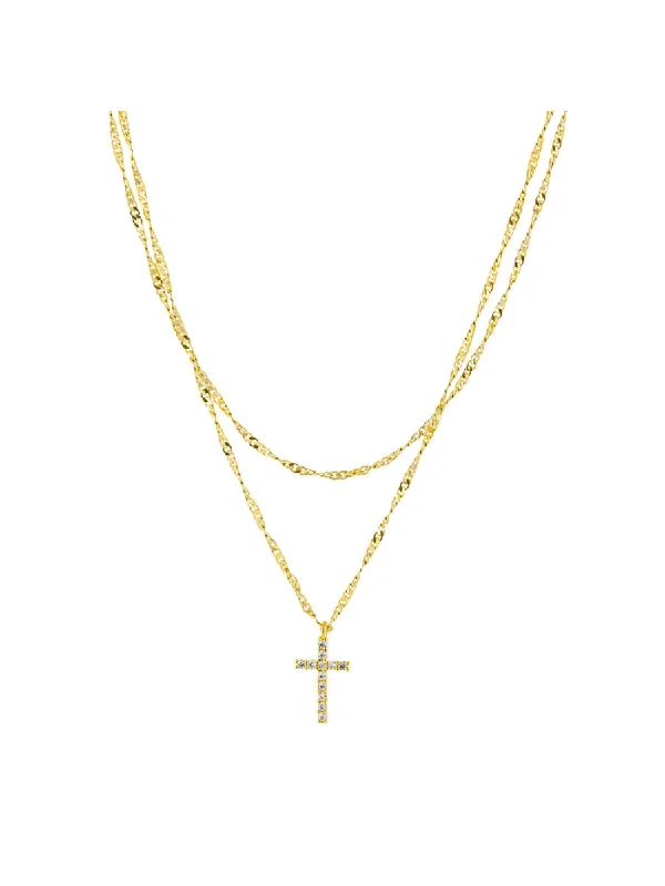 silver-plated bar necklace Layered CZ Cross Necklace