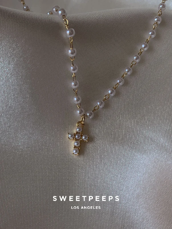 handcrafted gemstone drop earrings Lyrica Pearl Cross Necklace