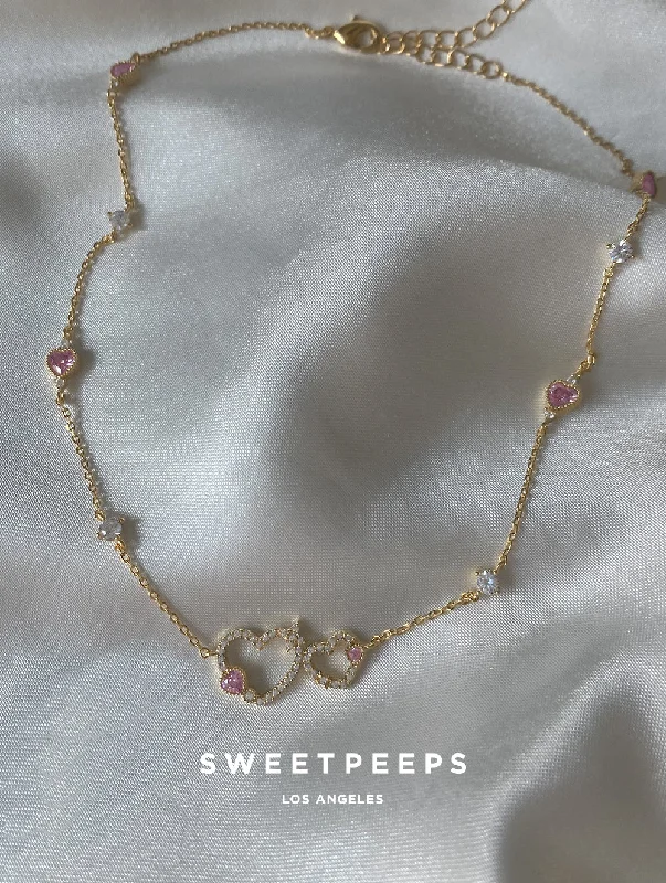 gold charm bracelet with initials Madelyn Double Heart Pastel Necklace