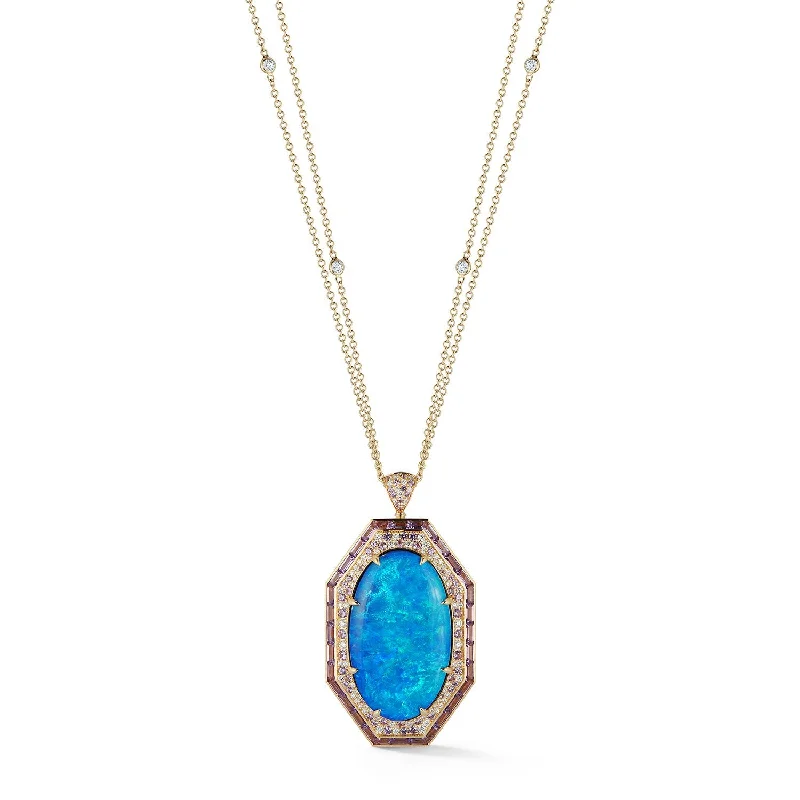 unique square diamond ring Opal and Purple Sapphire Necklace