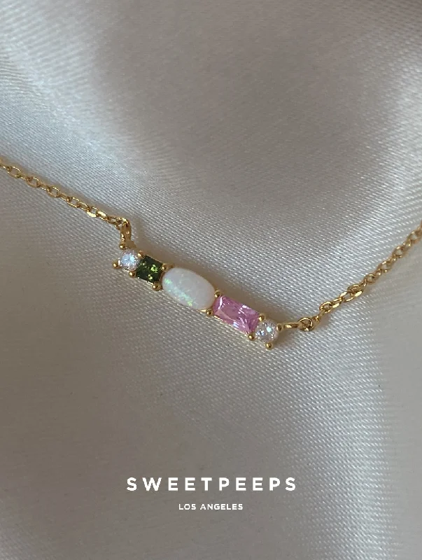 minimalist gemstone stud earrings Opal Gems Bar Necklace