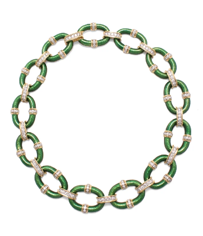 celestial sun and moon pendant Oval Link Necklace, Green Enamel