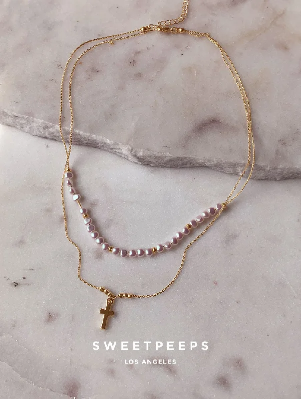 celestial zodiac sign necklace Pearl Cross Double Layer Necklace