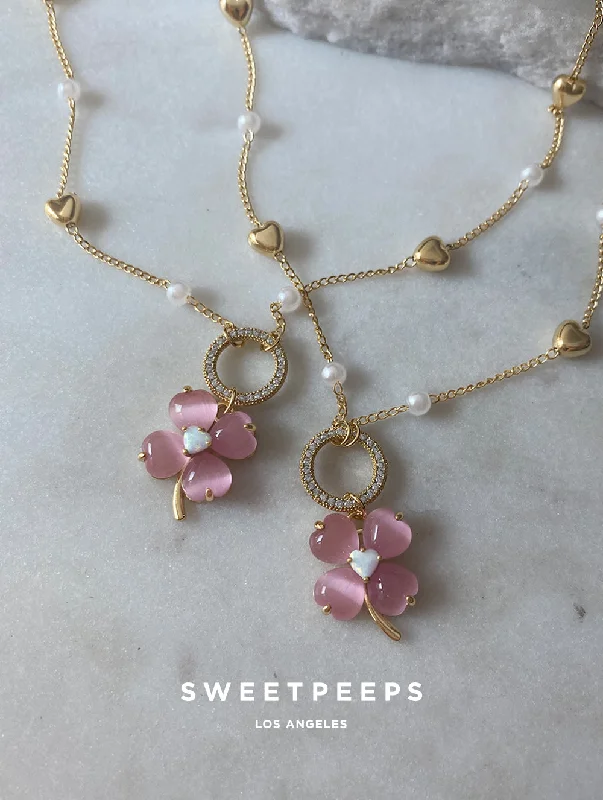 unique promise ring for girlfriend Pink Clover Opal Heart Necklace