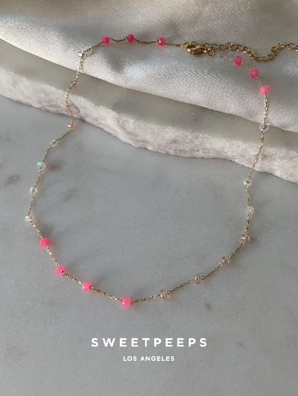 silver-plated bar necklace Pink & White Beaded Choker