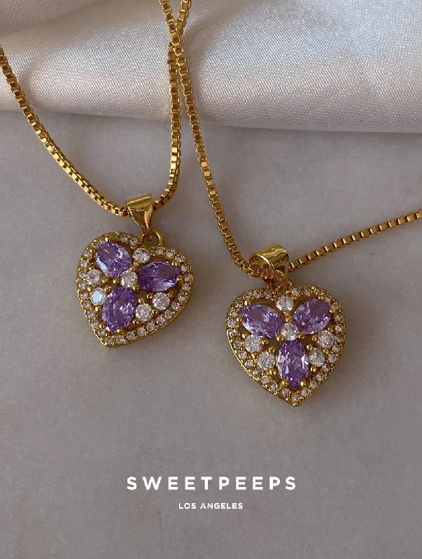 elegant pearl bridal set Purple Diamond Heart Necklace