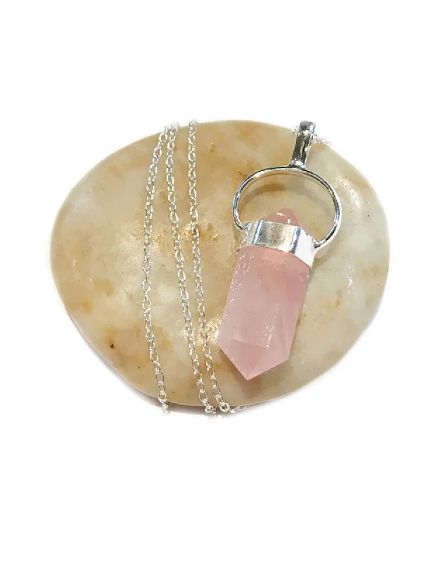 hexagon-shaped engagement ring unique Rose Quartz Crystal Necklace