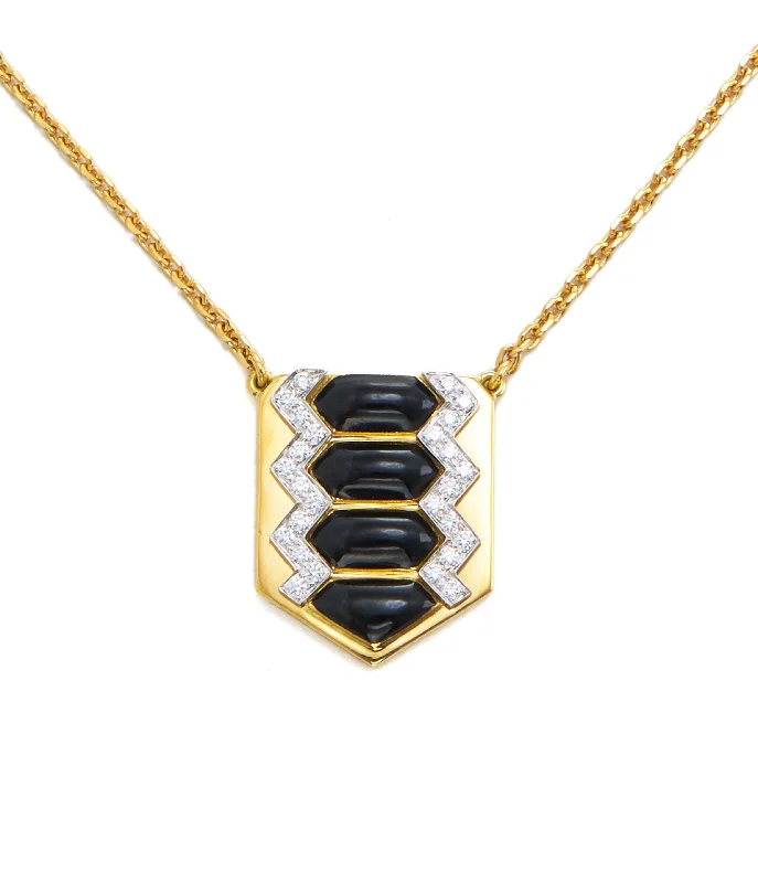 geometric diamond earrings gold Shield Necklace, Black Enamel