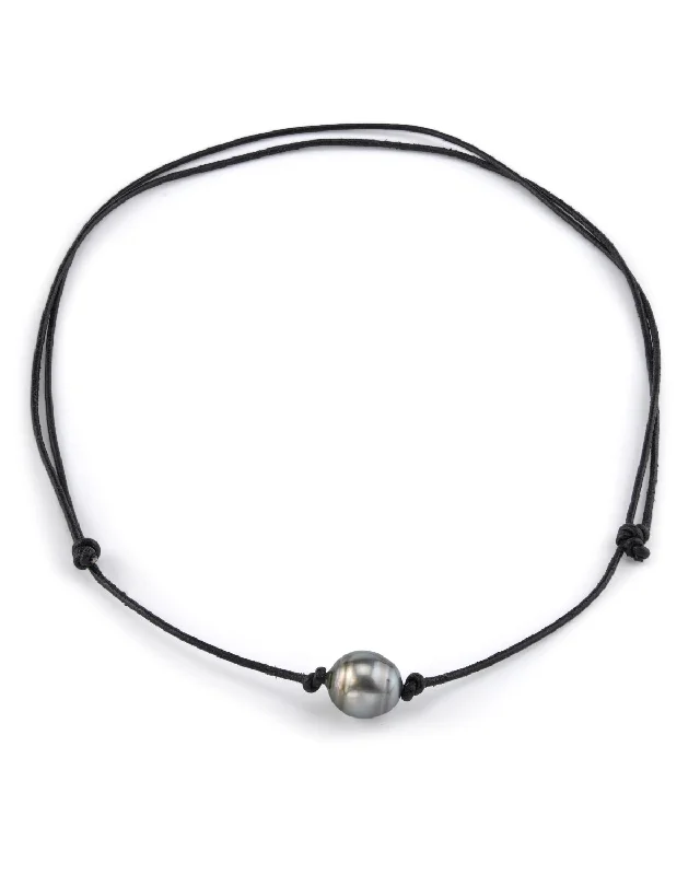 sterling silver lotus ring Tahitian Baroque Pearl on Leather Adjustable Necklace