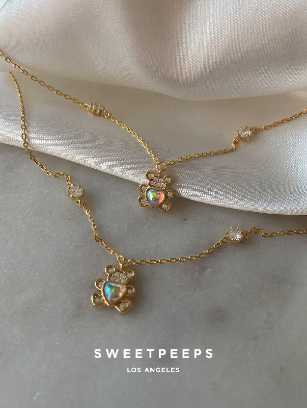 sterling silver herringbone chain Teddy Bear Opal Heart Necklace