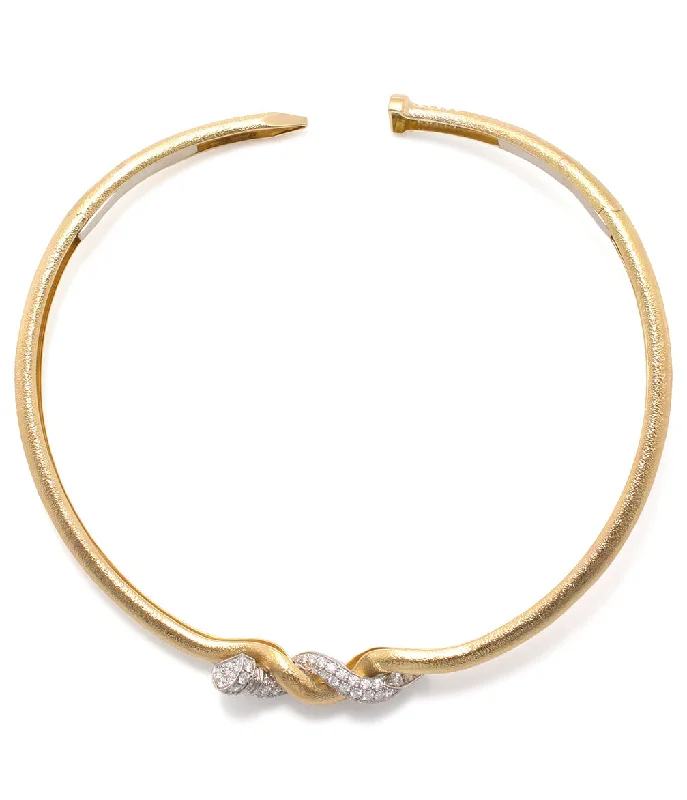 real smoky quartz pendant Two Tone, Diamond Twisted Nail Collar, Hammered 18K Gold