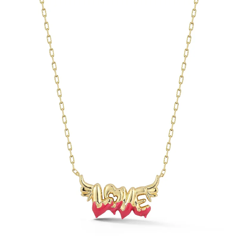 pearl and silver bracelet Winged "LOVE" Necklace with Pink Enamel